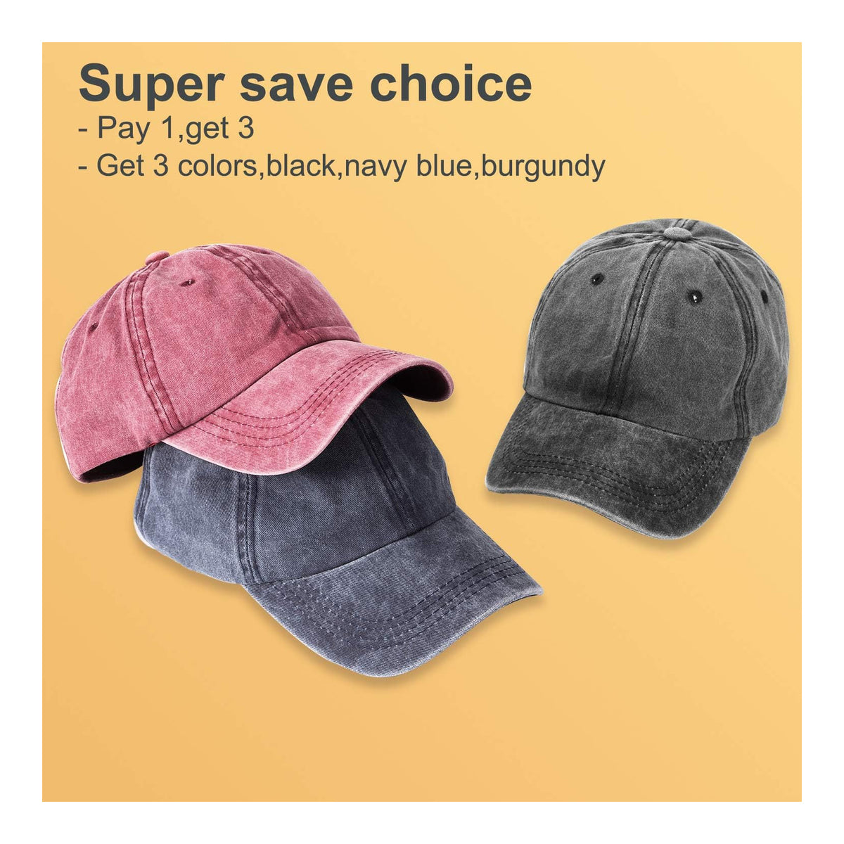 MEINICY Paquete de 3 gorras de béisbol lisas lavadas, estilo retro - foto 2